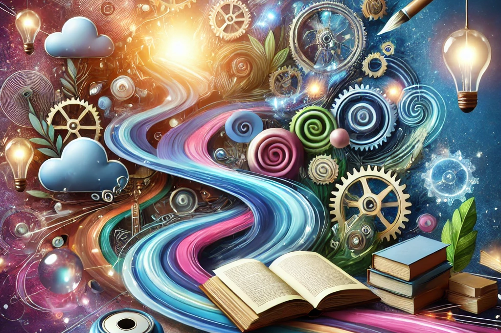 Creative exploration image featuring abstract elements like winding paths, books, tools, and glowing orbs, symbolizing diverse projects and ideas. A colorful swirl of blues, purples, and greens evokes curiosity and discovery. Created for Justin Adelmann's Extraordinary Pursuits page.