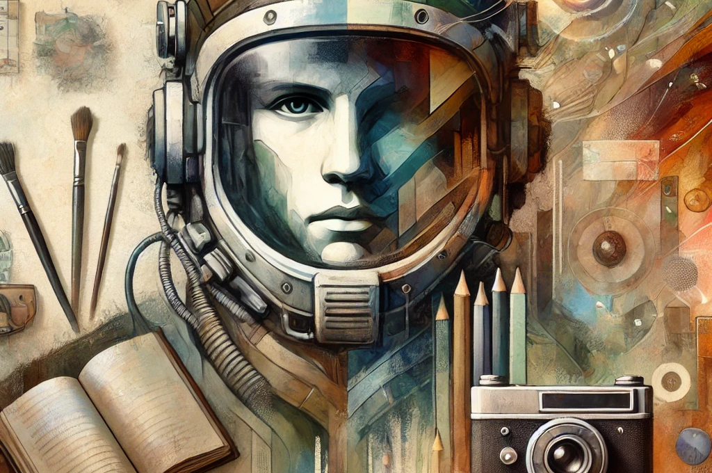 A front-facing male figure wearing a futuristic helmet, symbolizing Justin Adelmann's journey of creativity and exploration. Surrounded by abstract elements like books, a camera, and pencils, the image reflects Justin’s curiosity and pursuit of knowledge through a blend of realism and artistic tones in warm, earthy colors.