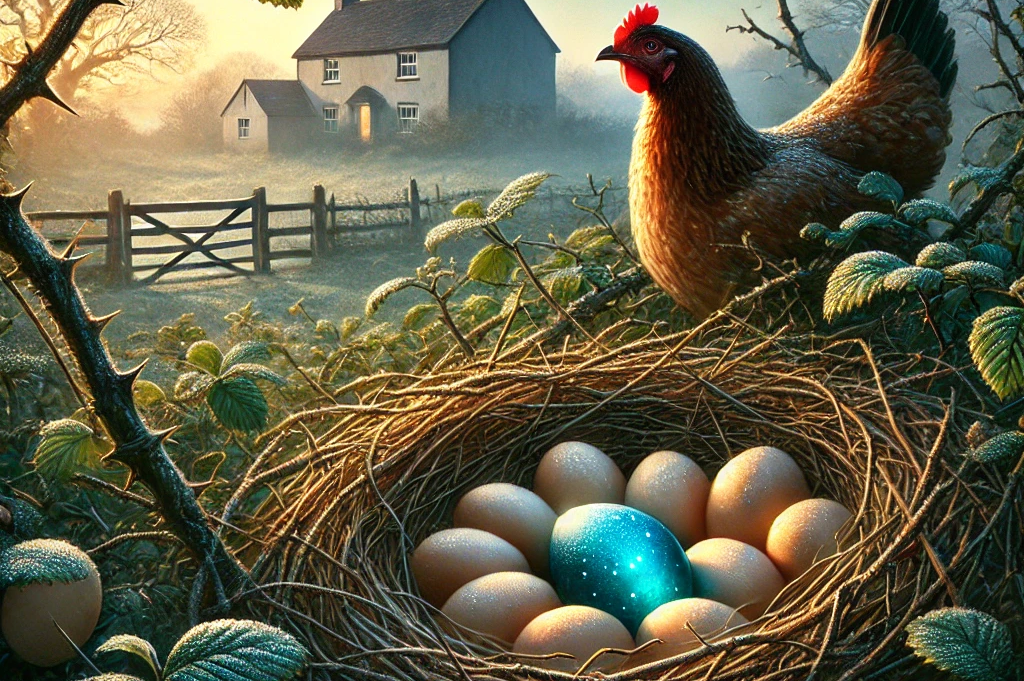 A detailed image of a peaceful countryside at dawn, with a small cottage in the background surrounded by a frosty landscape. In the foreground, a hen sits next to a large nest filled with ordinary eggs, but one egg glows with an ethereal blue light, flecked with stars. The nest is nestled within a tangle of brambles, adding a touch of mystery to the serene setting.