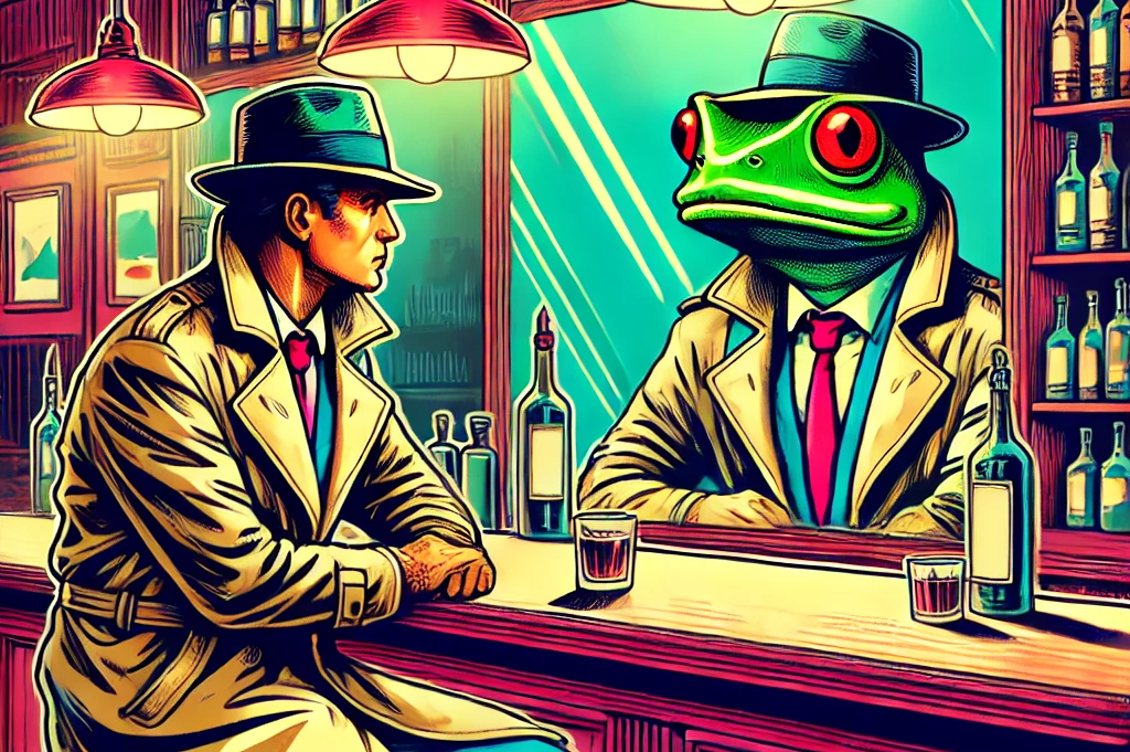 A stylized illustration of a man sitting at a bar, wearing a trench coat and fedora, gazing into a mirror. In the reflection, instead of his own face, the mirror shows a frog-headed figure in the same outfit. The bar scene has a vintage comic-book feel with vibrant colors and exaggerated features, capturing a surreal, mysterious atmosphere. Bottles and glasses are scattered across the bar, adding to the noir aesthetic.