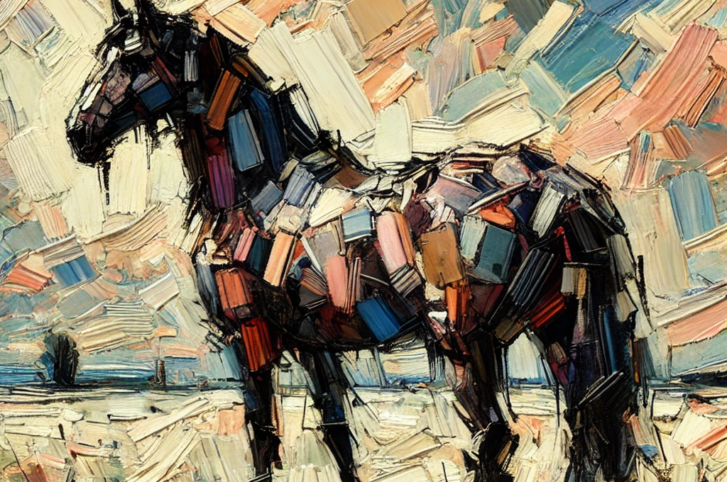 Artistic transformation by Justin Adelmann titled 'Echo of the Pasture,' featuring a stylized depiction of a horse standing in a field with abstract, erratic hatching, muted colors, and a passionate, dynamic aesthetic.