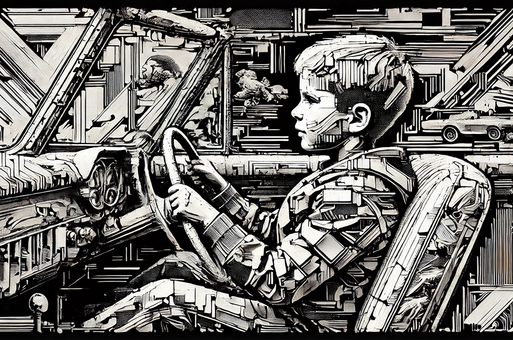 A stylized monochrome illustration of a young boy sitting in the driver’s seat of a vintage car. The boy grips the steering wheel confidently, his face reflecting focus and imagination. The artwork is composed of intricate geometric patterns and lines, giving it a mechanical and dreamlike quality. In the background, small details like toy cars and abstract shapes evoke a sense of childhood creativity and exploration.