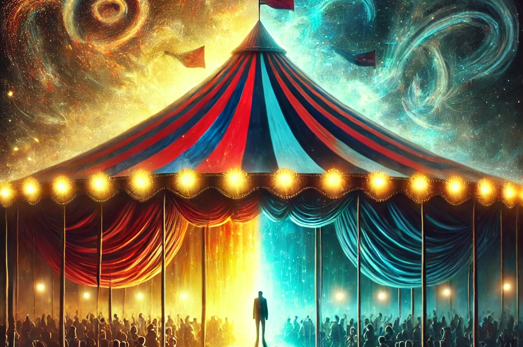 Justin Adelmann: Surreal image of a circus tent split into two contrasting halves: one side vibrant with bright colors, swirling lights, and joyful crowds; the other dark and faded, with dim lighting, a solitary figure, and a desolate atmosphere. The central figure, divided between the lively and somber sides, symbolizes the contrasting emotions of mania and depression.