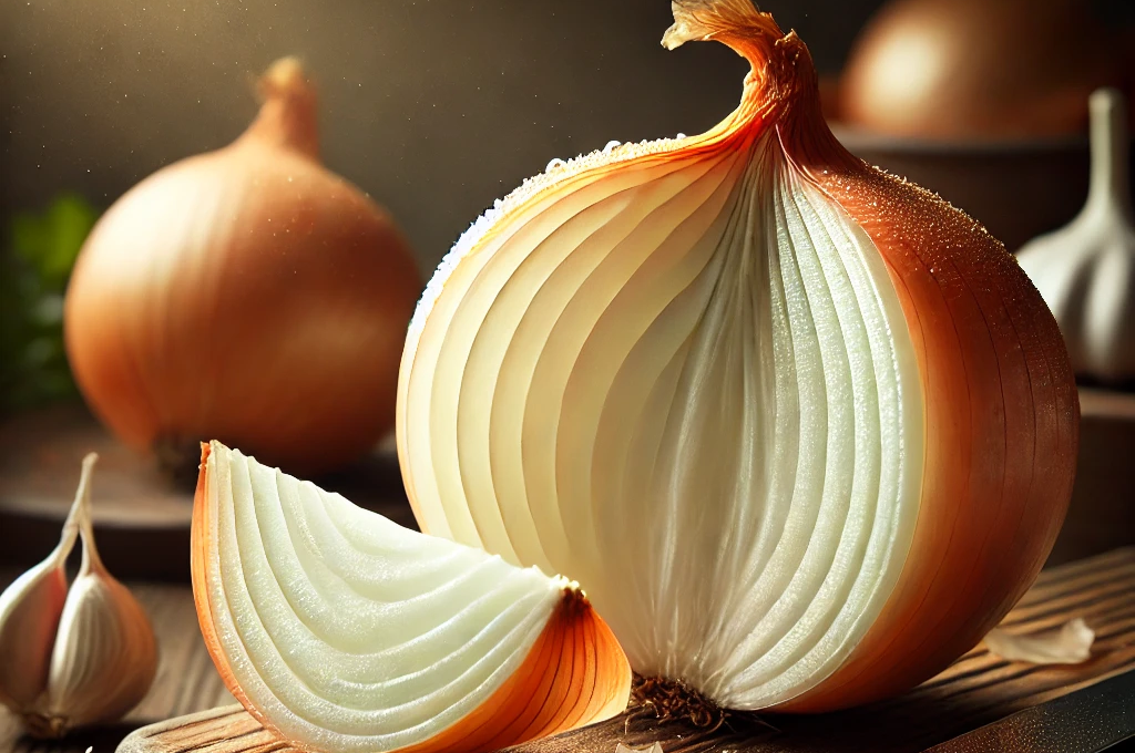 Justin Adelmann. Close-up of a partially sliced onion on a rustic wooden cutting board, showing its intricate layers. A knife rests beside the onion, and soft light highlights its texture and translucent layers. In the background, garlic cloves and fresh herbs add warmth to the scene.